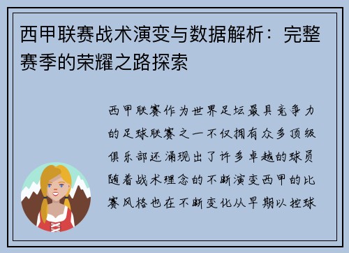 西甲联赛战术演变与数据解析：完整赛季的荣耀之路探索