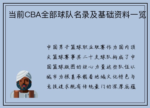当前CBA全部球队名录及基础资料一览