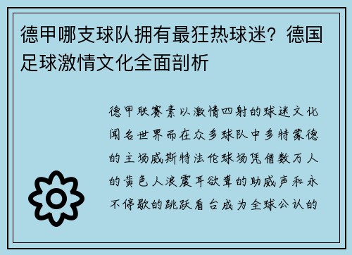 德甲哪支球队拥有最狂热球迷？德国足球激情文化全面剖析
